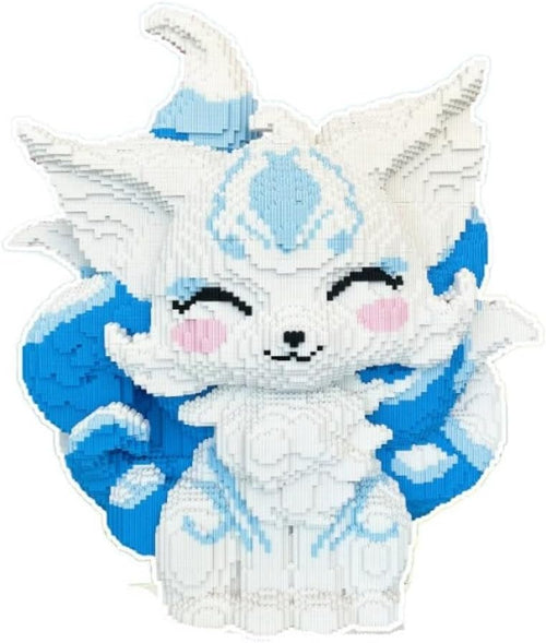 Large blue and white micro brick nine-tailed fox sculpture with fanned tail plumes