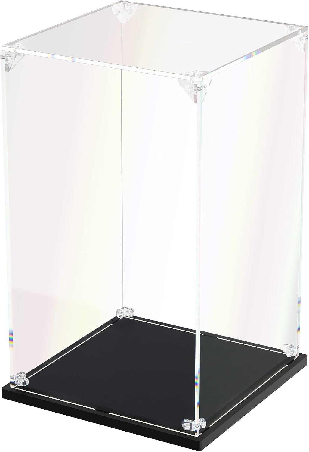 Clear acrylic display box holding a round superhero shield brick model – view 8
