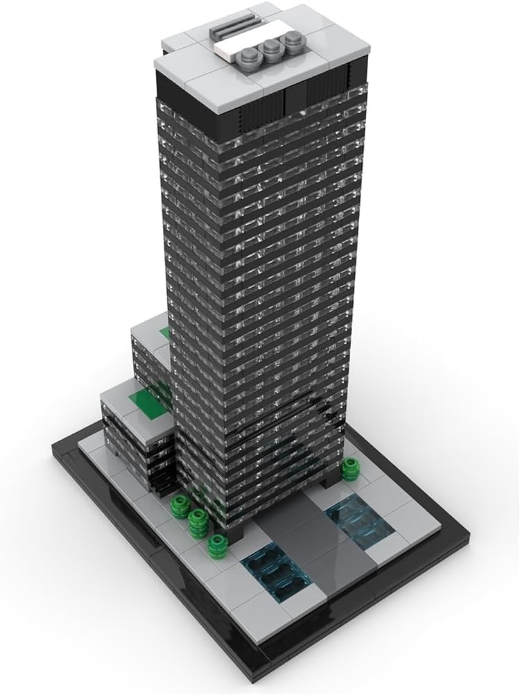 Brick model of a slim modernist skyscraper with lower annex and plaza base