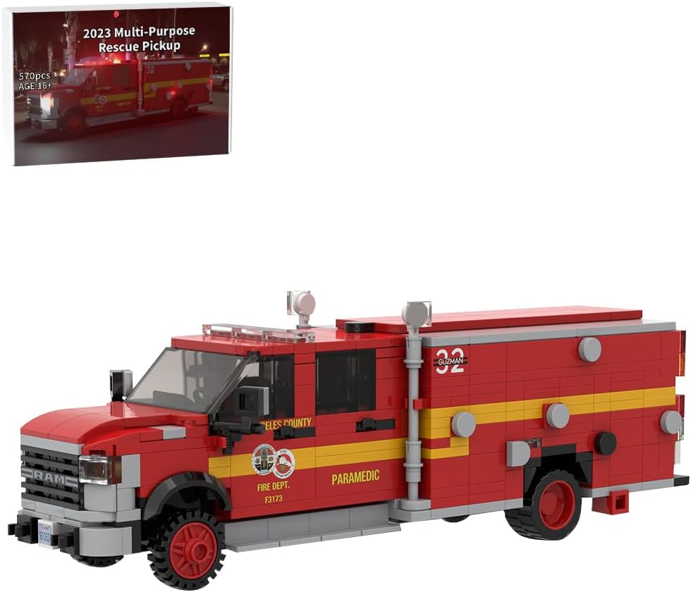 Yellow-green and white brick-built fire rescue truck with open hood – view 2