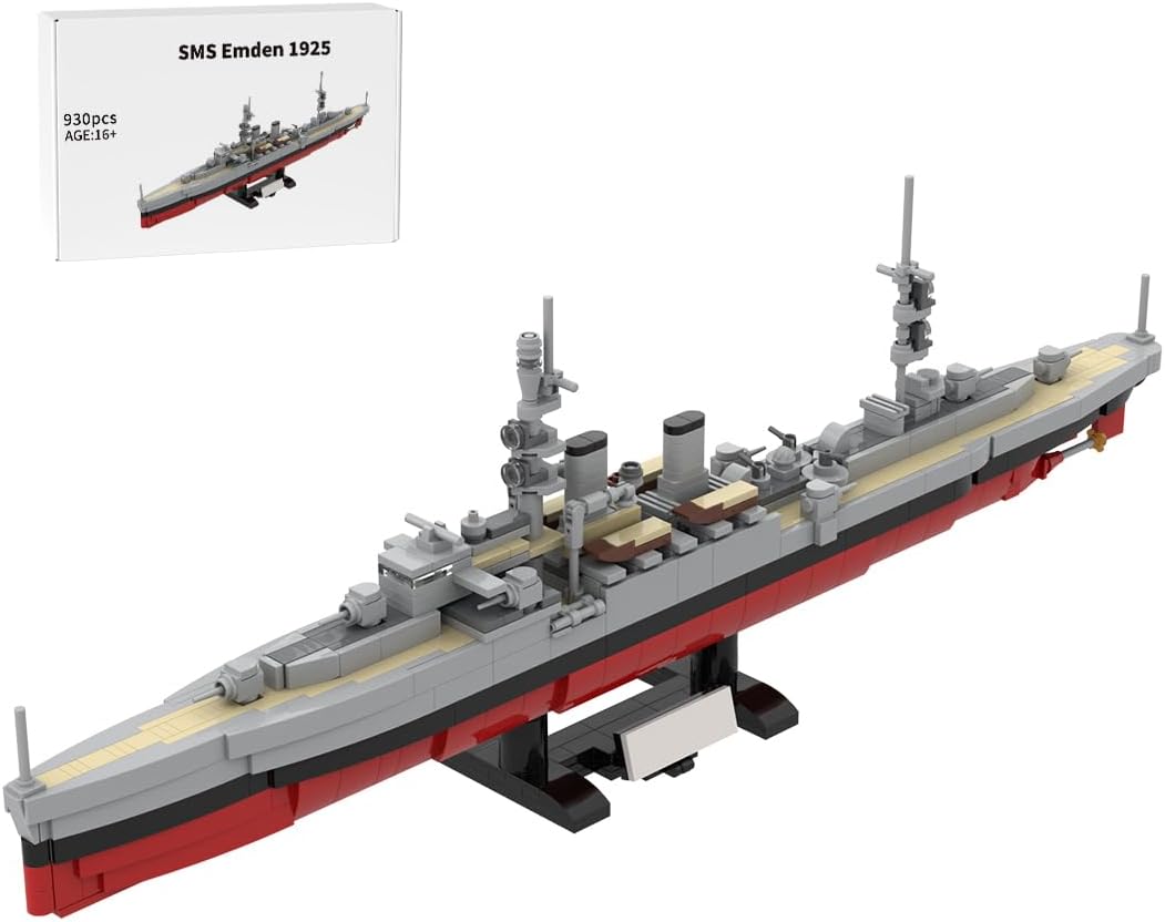 Gray brick-built light cruiser warship with funnels and gun turrets