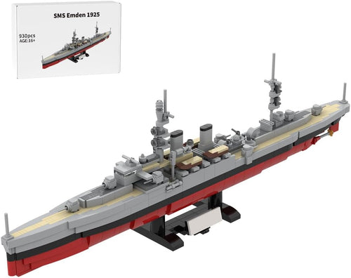 Gray brick-built light cruiser warship with funnels and gun turrets