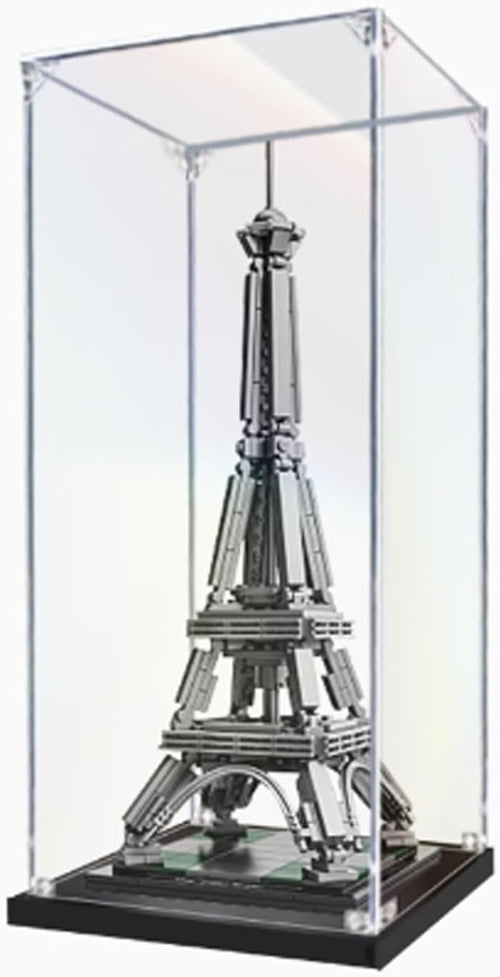 Tall clear acrylic display case around an Eiffel Tower brick model