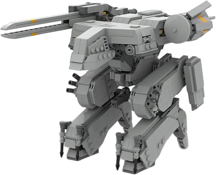 Gray armored combat mecha built from bricks with shoulder laser systems
