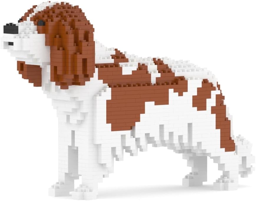 Brick-built Cavalier King Charles Spaniel sculpture sitting upright in brown and white – view 4