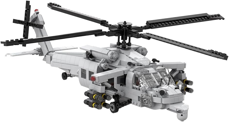 Gray brick-built naval maritime helicopter with four-blade rotor – view 2