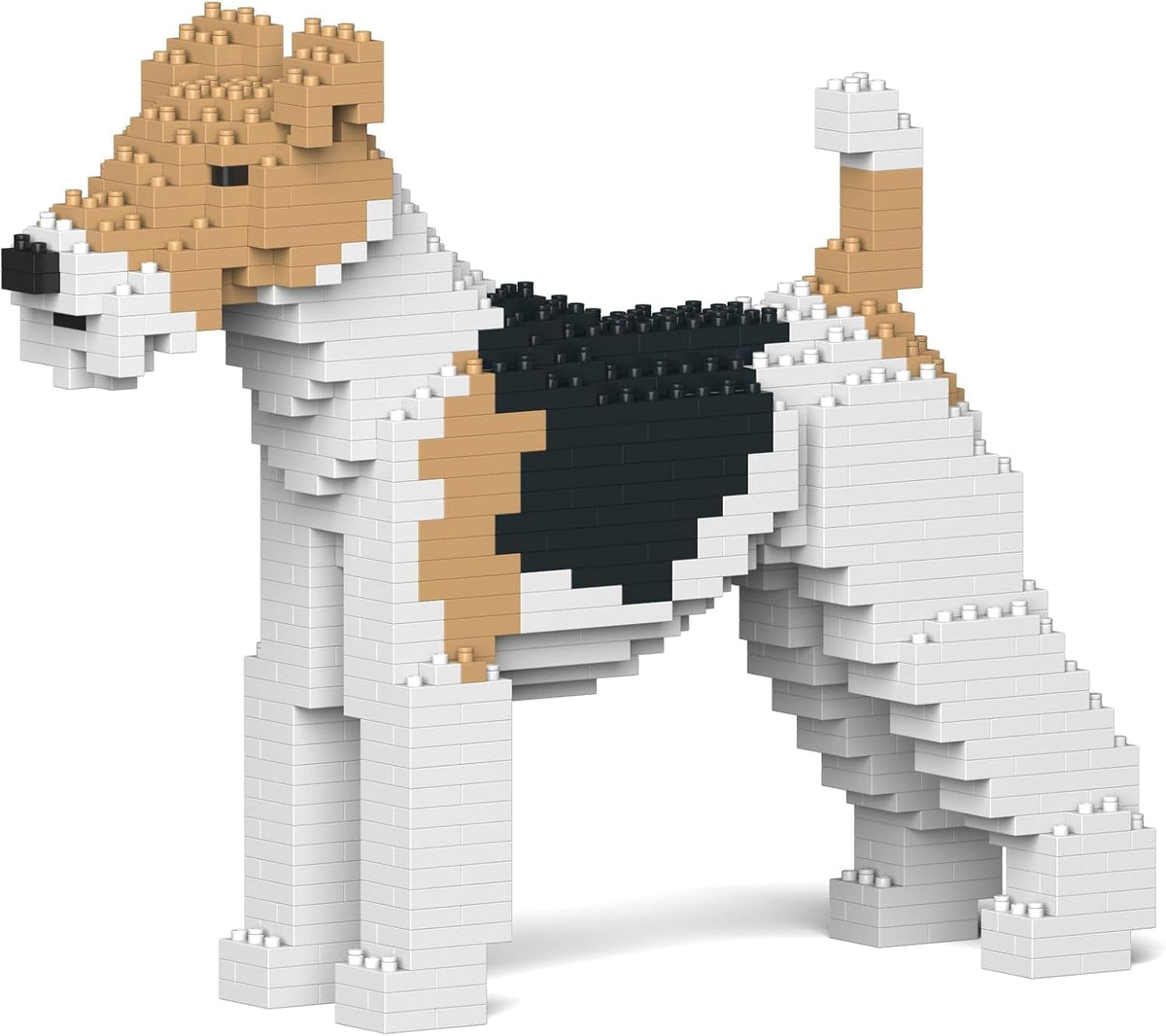 Brick-built wire haired fox terrier dog sculpture in white and tan