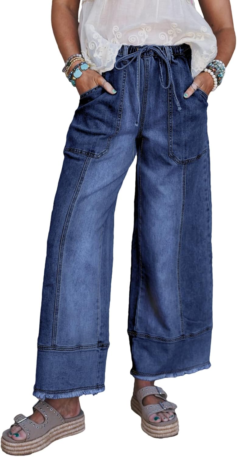 Women's High Waisted Wide Leg Jeans - Baggy Stretch Denim with an Adjustable Drawstring Waist - 6