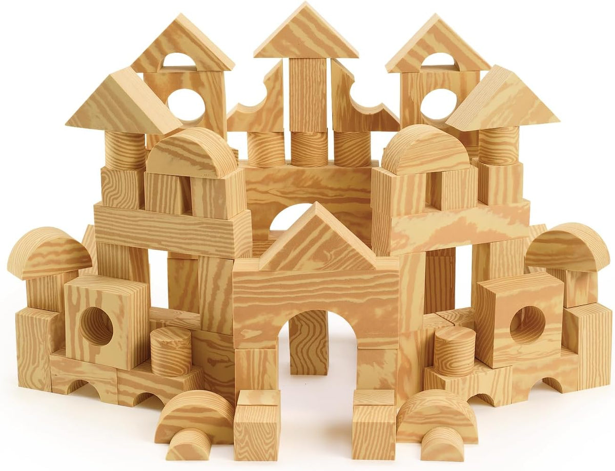 Soft wood-look blocks stacked into a small tower