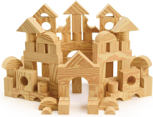 Soft wood-look blocks stacked into a small tower