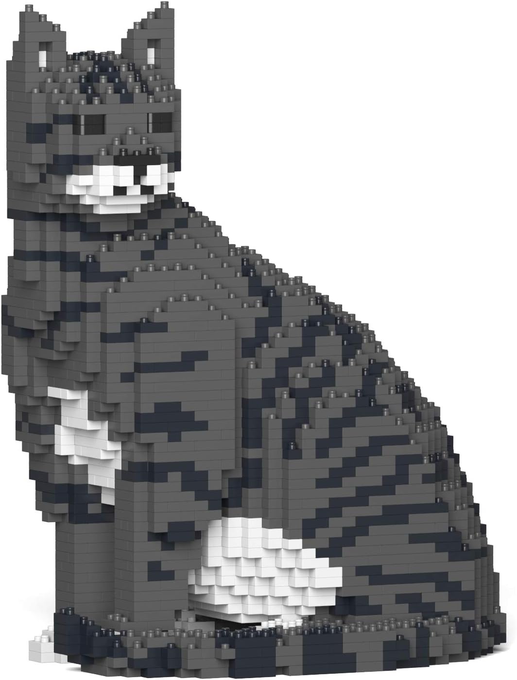 Finished black and white cat sculpture built from interlocking plastic bricks – view 6
