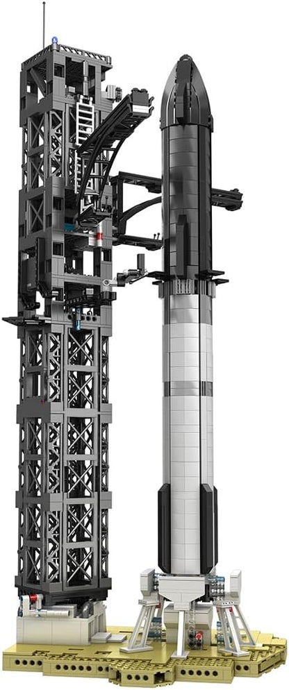 Tall white and silver brick-built space rocket with separating stages on a launch stand