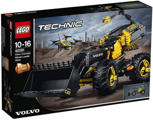 Yellow and black futuristic wheel loader brick model with raised bucket and large tires