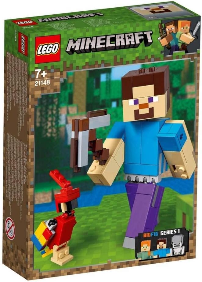 Large blocky miner brick figure holding a pickaxe with a parrot beside it