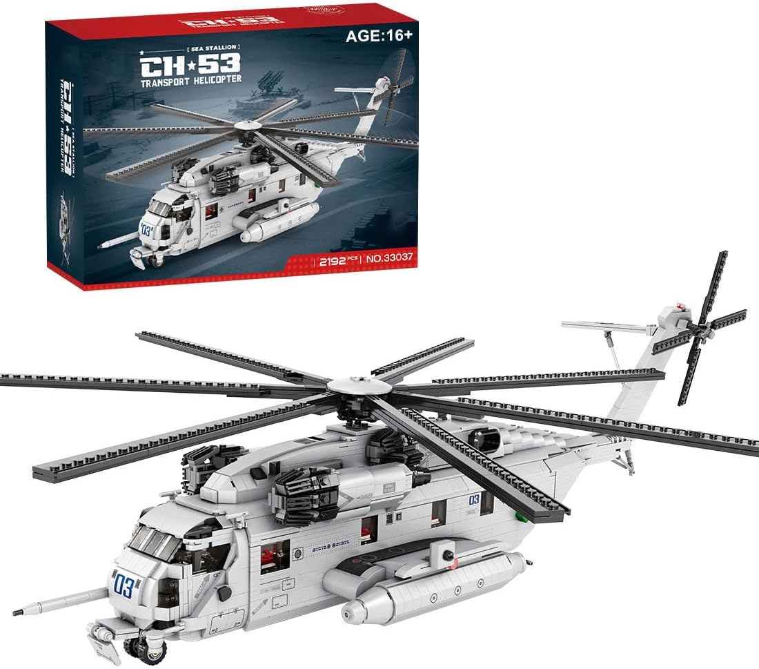 Gray heavy-lift military transport helicopter brick model with rotors
