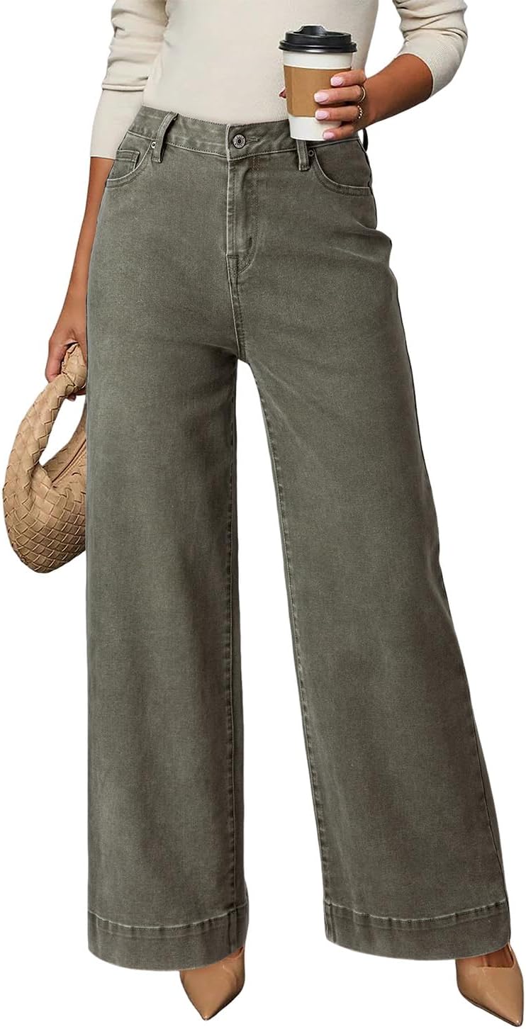 Women's High Waisted Wide Leg Jeans - Loose Stretch Denim with a Straight Leg for Everyday Casual Wear - 2
