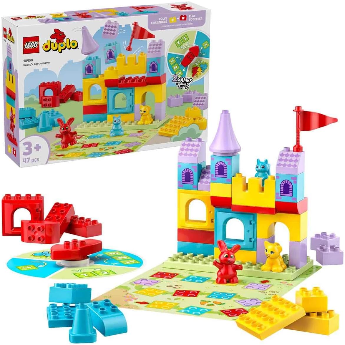 Toddler large-brick castle with game board, spinner and animal figures