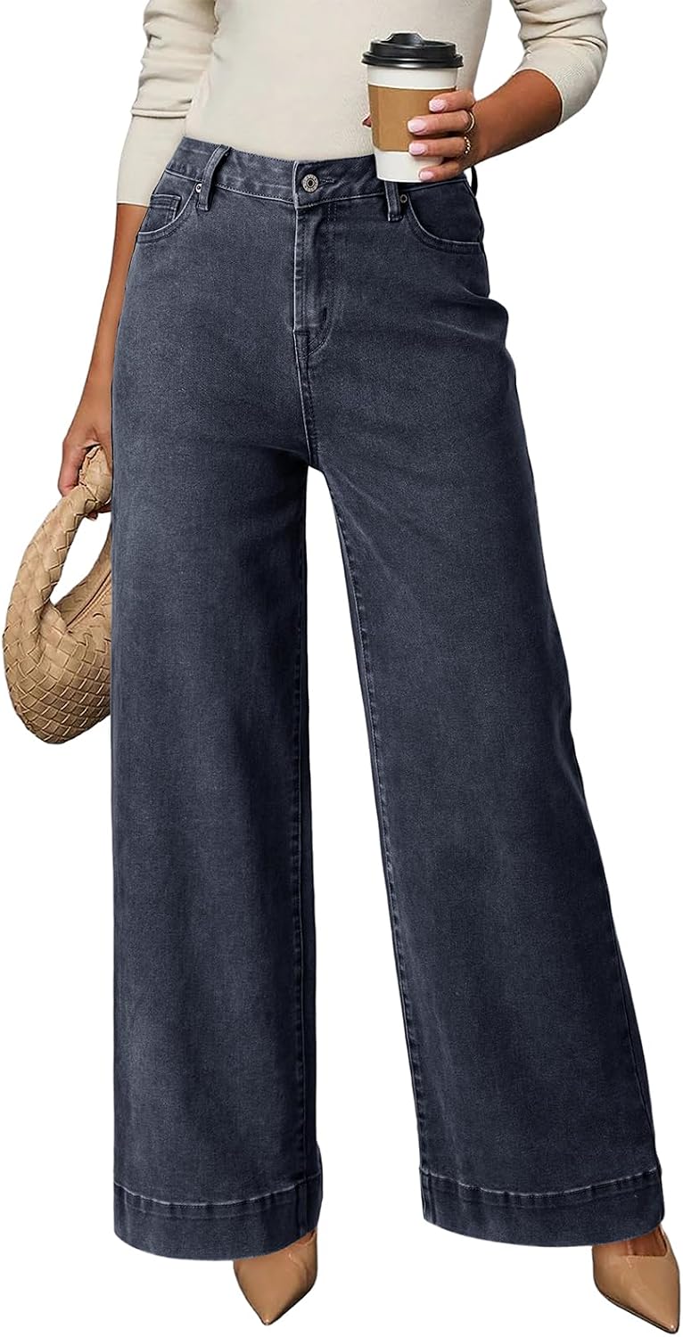 Women's High Waisted Wide Leg Jeans - Loose Stretch Denim with a Straight Leg for Everyday Casual Wear - 2
