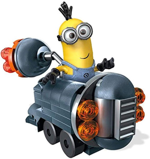 Brick-built dark villain's car with small yellow goggled helper figure