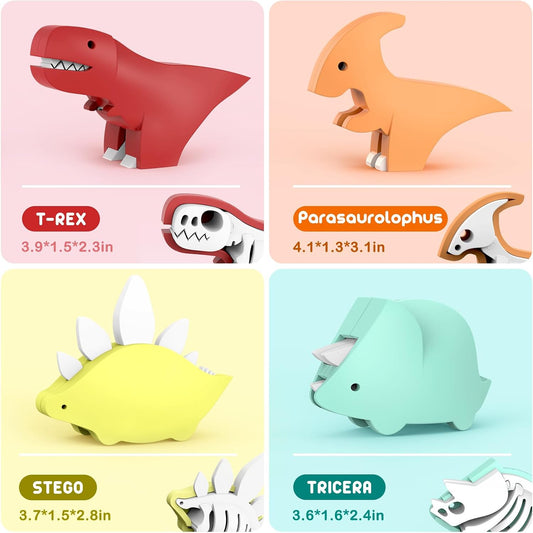 Magnetic dinosaur toys split open to show colorful removable bone pieces
