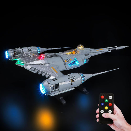 Silver starfighter brick model with glowing LED engines and cockpit