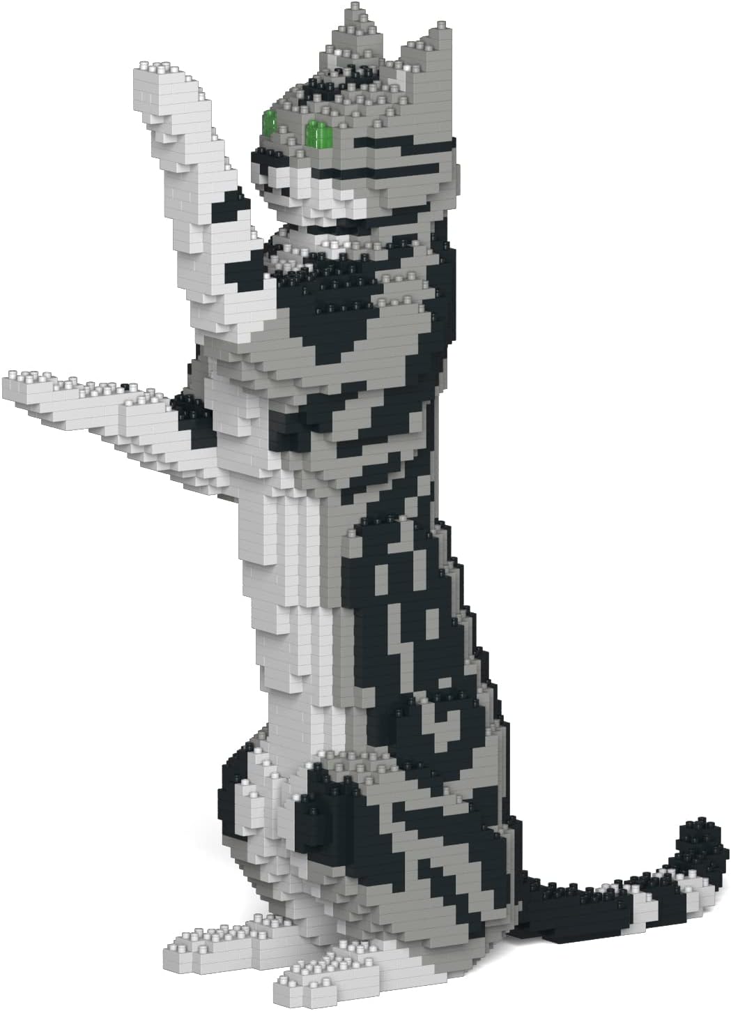 Silver tabby American Shorthair cat sculpture built from interlocking plastic bricks – view 6