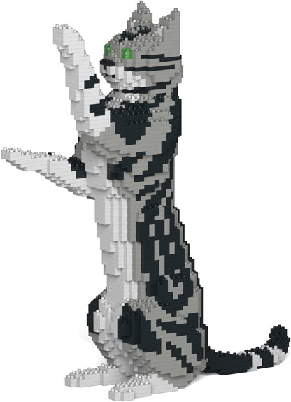 Silver tabby American Shorthair cat sculpture built from interlocking plastic bricks – view 6