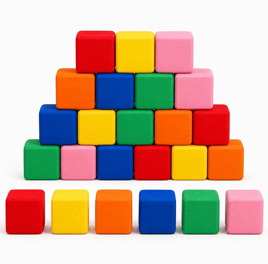 Stack of 24 soft fabric foam cubes in red, green, blue, pink, yellow and orange
