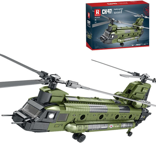 Brick-built twin-rotor military transport helicopter in olive green