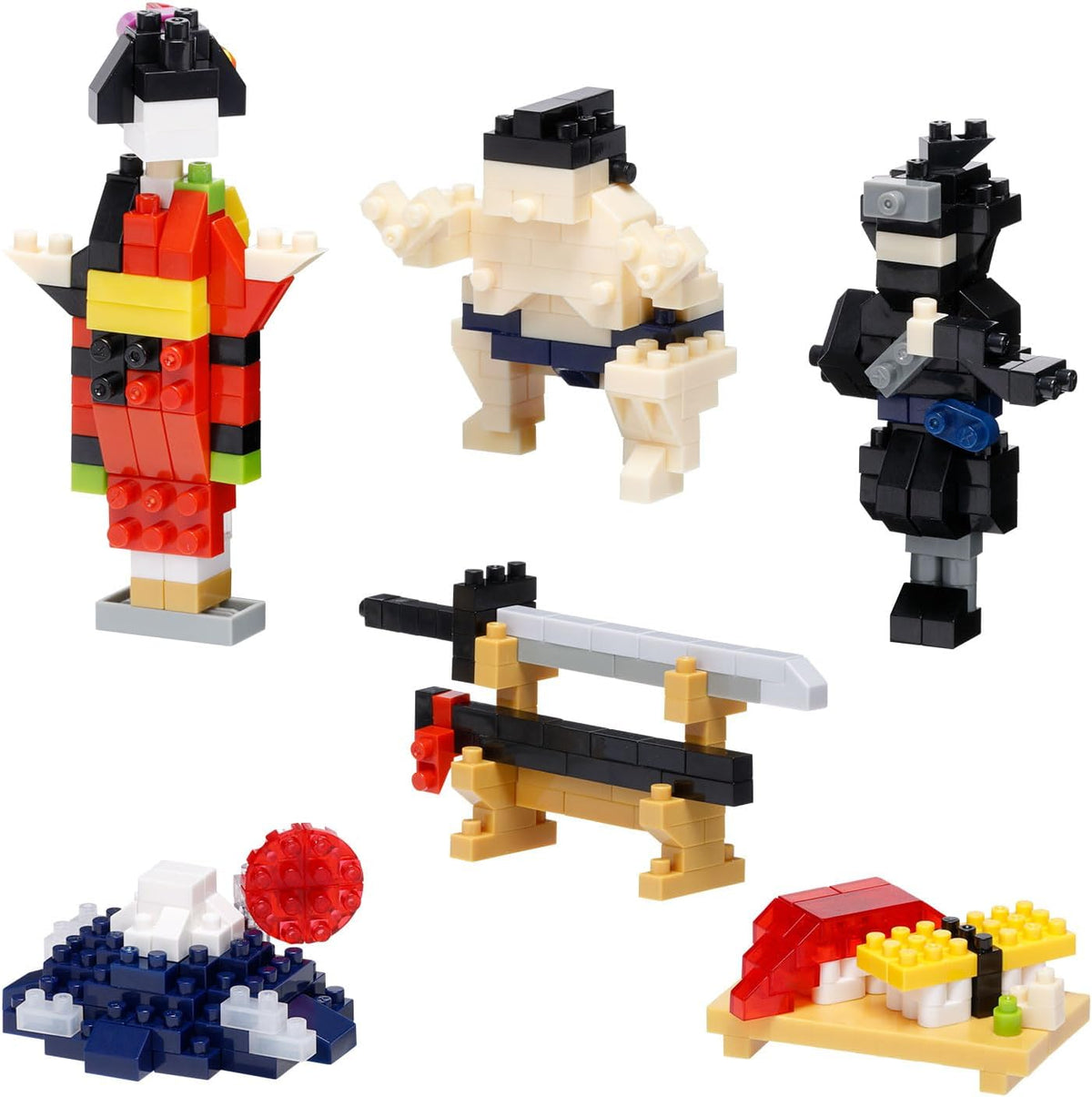 Six palm-sized micro brick models with Japanese culture themes