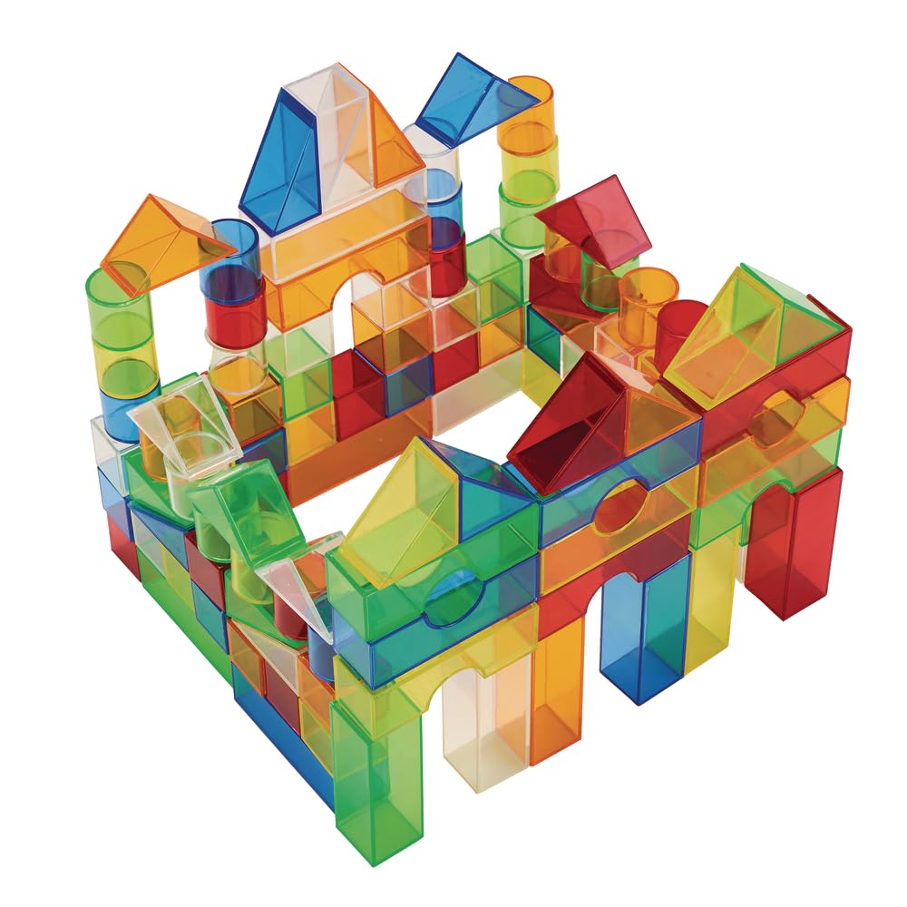 Translucent colored blocks glowing on a light table