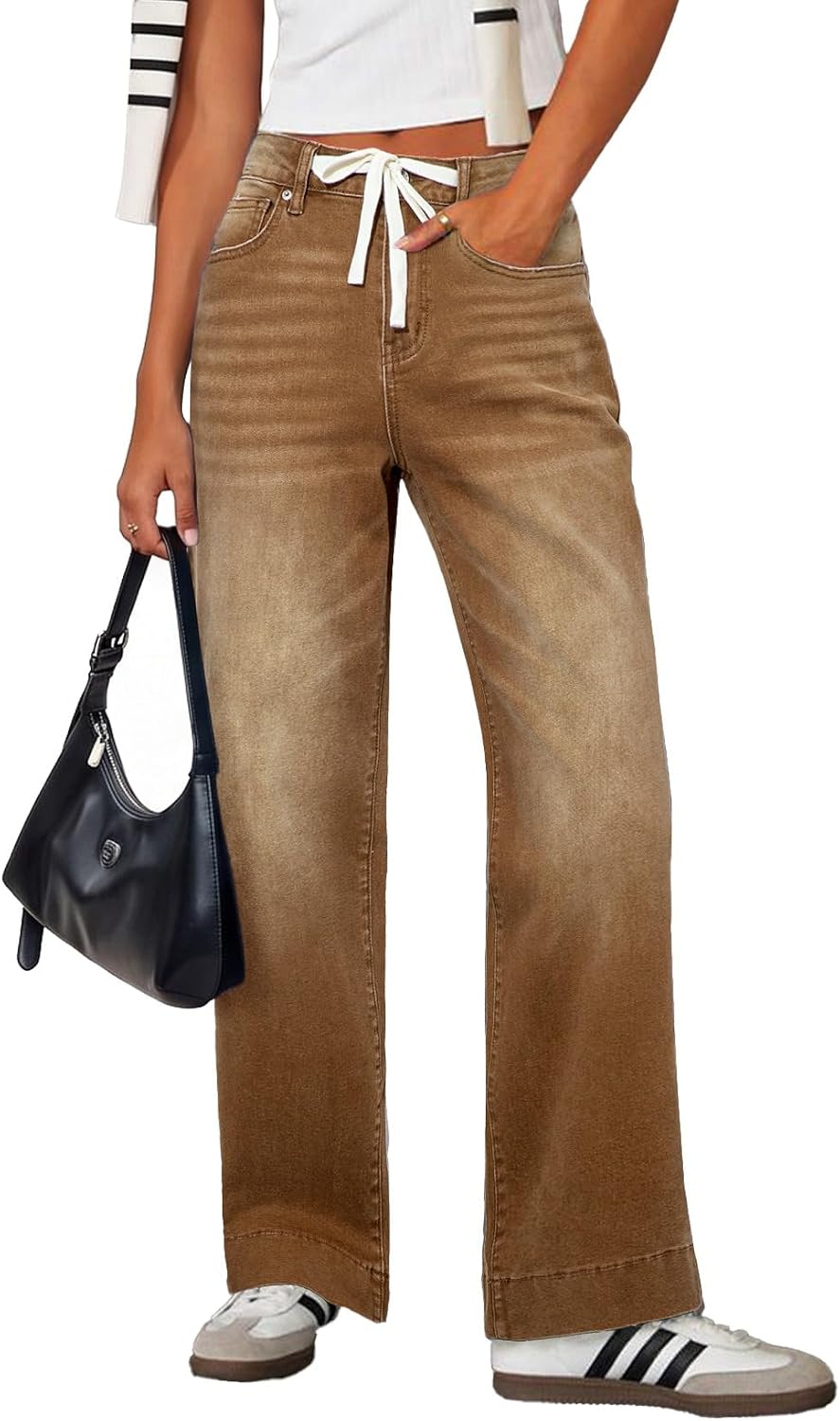 Women's High Rise Straight Leg Jeans - Stretch Denim with an Adjustable Drawstring and Pockets - 4