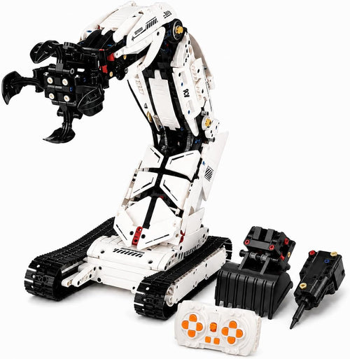 Brick-built robotic arm on a tracked chassis lifting a small block