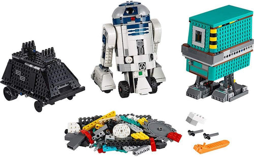 Three brick-built robot droids with buildable mission props