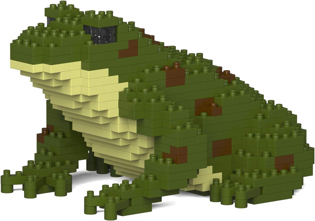 Brick-built green frog sculpture