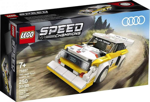 Classic rally car brick model with driver figure beside it