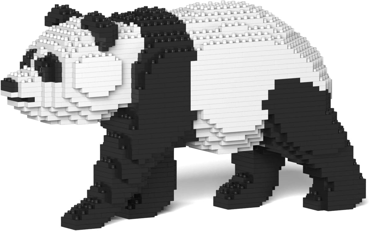 Brick-built black and white panda sculpture sitting upright – view 2