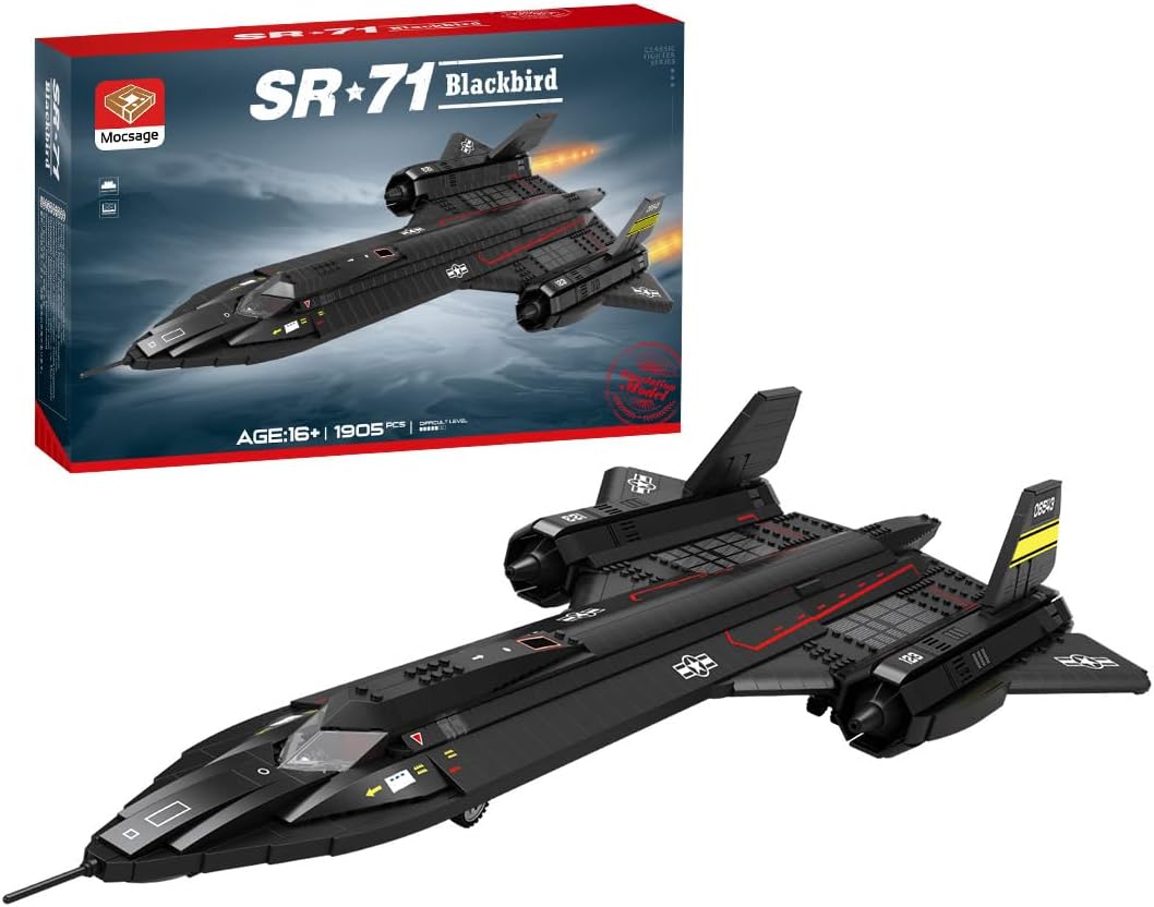 Long black brick-built reconnaissance jet with twin engines on a display stand