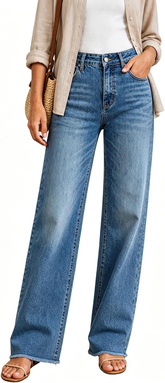 Women's High Waisted Straight Leg Jeans - Tummy Control Stretch Denim with a Raw Edge Hem - 2