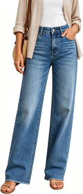 Women's High Waisted Straight Leg Jeans - Blue Tummy Control Denim Pants for Everyday Casual Wear - Standard