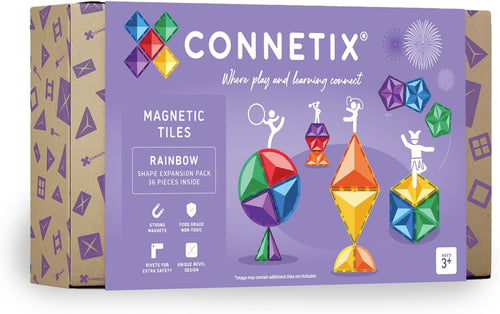 Rainbow-colored magnetic tiles in assorted shapes spread on a table
