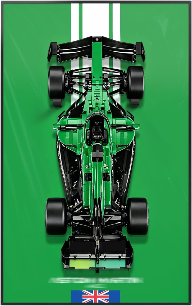 Large brick race car model mounted on a wall display board – view 2