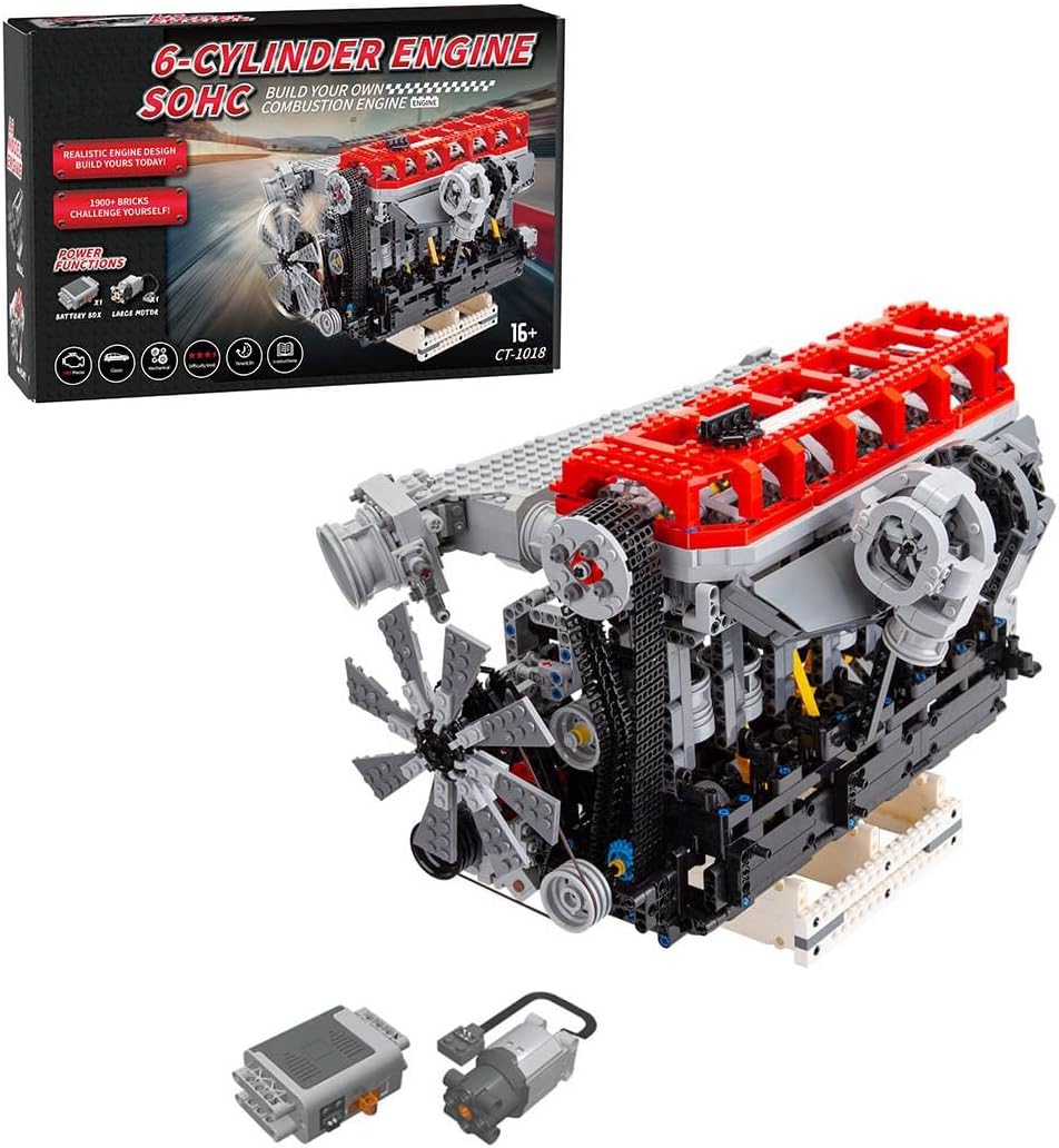 Built inline six-cylinder turbocharged engine brick model on a display base