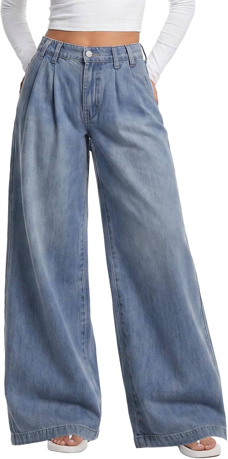 Women's Elastic Waist Wide Leg Jeans - Full Length Baggy Denim Pants for Relaxed Everyday Wear - Small
