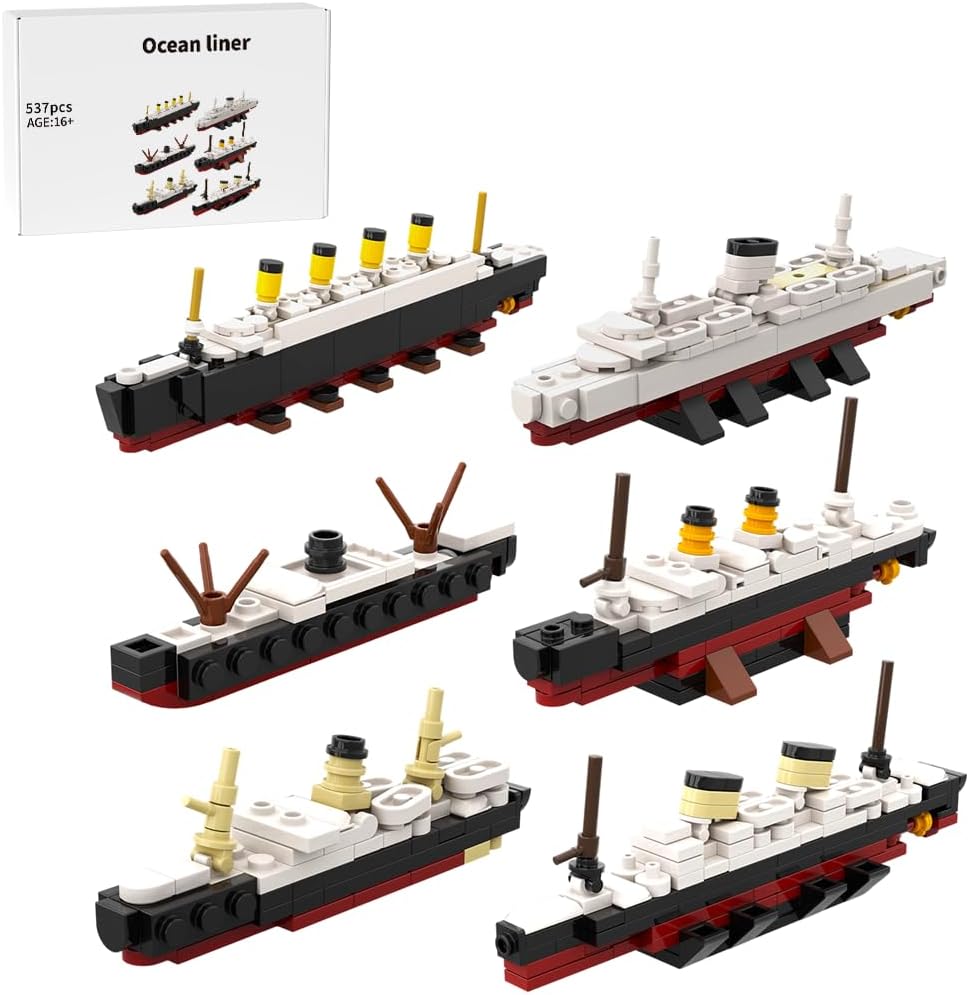 Four small brick-built gray battleship models lined up side by side – view 6