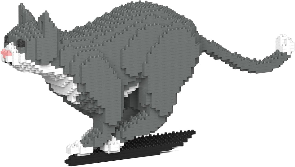 Grey and white tuxedo cat brick sculpture – view 4