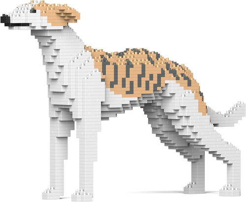 Brick-built slender Whippet dog sculpture standing in profile
