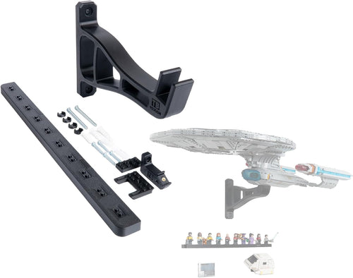 Wall-mounted starship brick model above a floating minifigure shelf