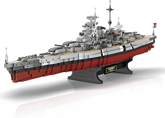Built German battleship brick model with deck turrets on a display stand