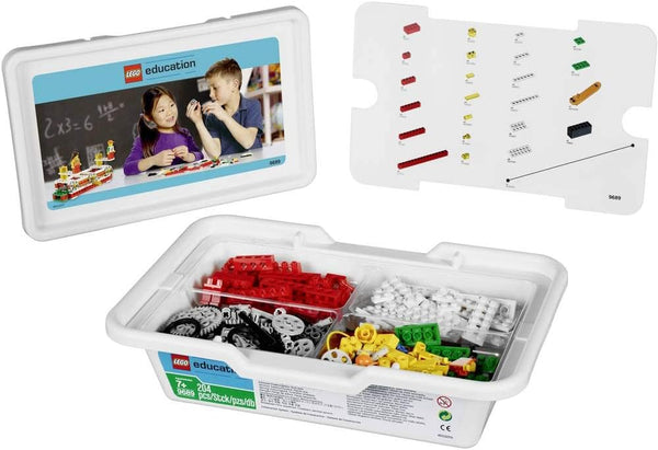 Brick-built simple machine models with gears, levers and pulleys